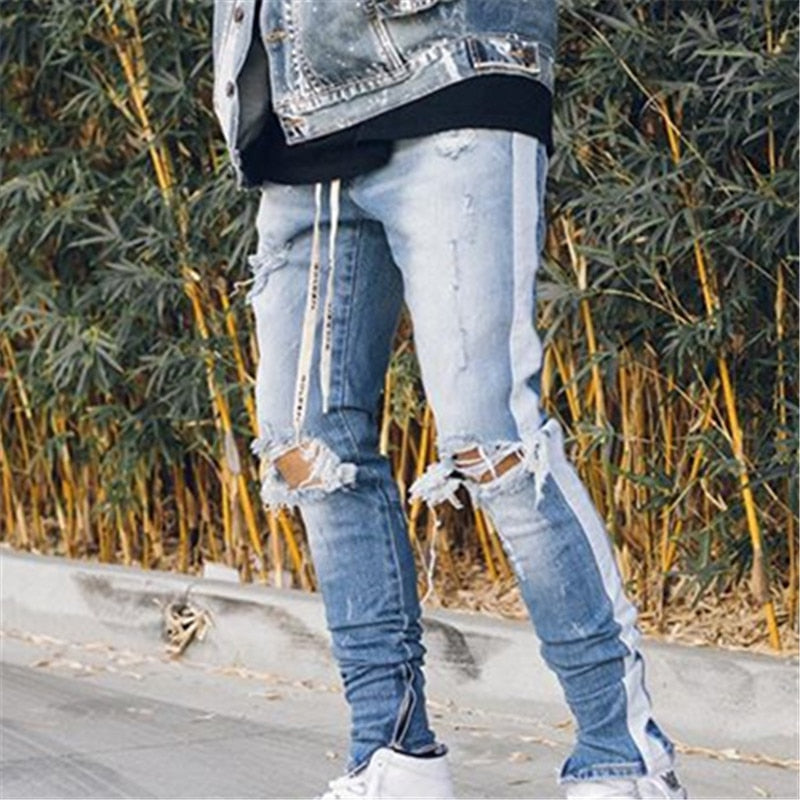 Jeans strappato Slim Fit con banda laterale