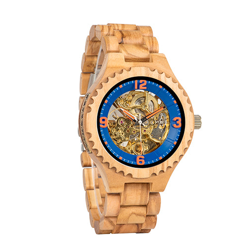 Orologio in legno con ingranaggi a vista