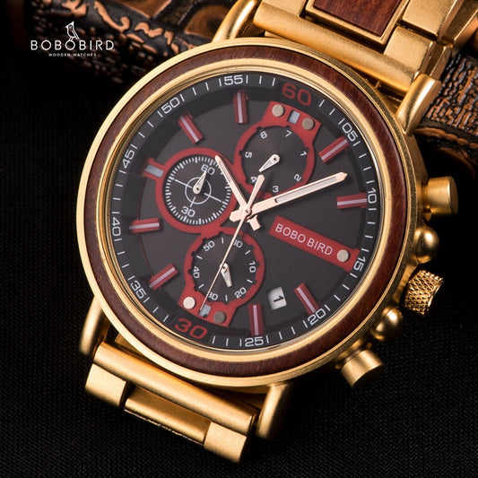 Orologio in acciaio e legno con dettagli bicolore