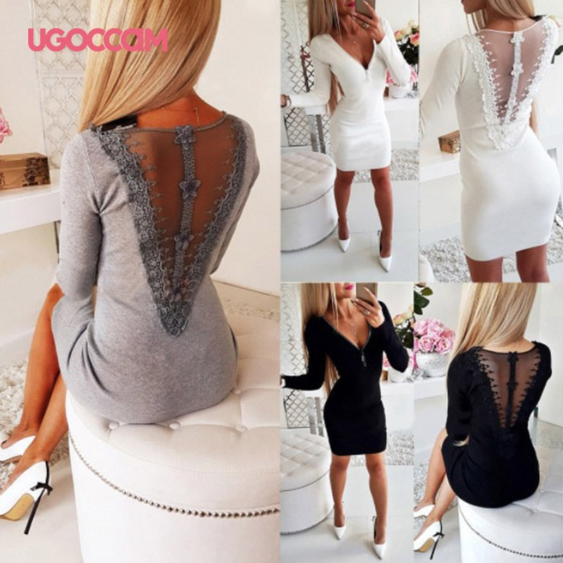 Vestito con scollatura a V in zip e schiena trasparente in pizzo