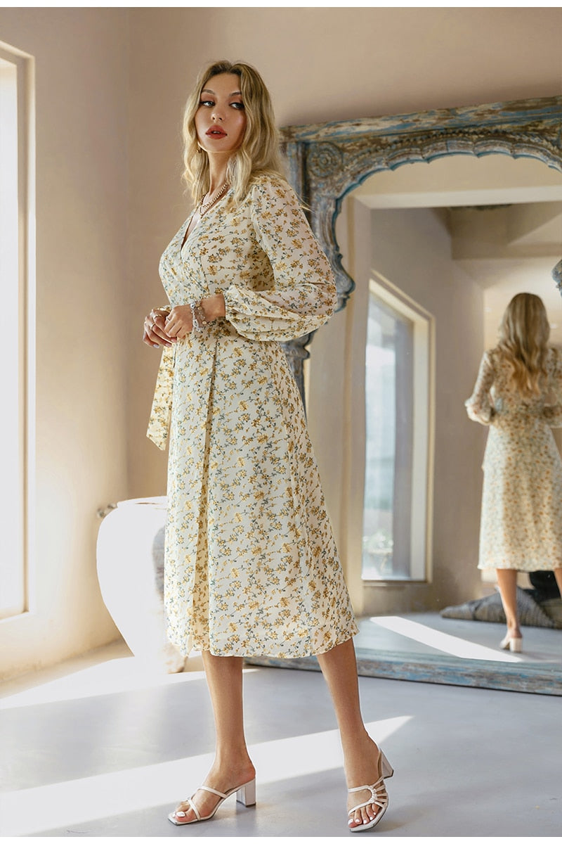 Vestito Elegante con scollo a V a maniche lunghe e stampa floreale