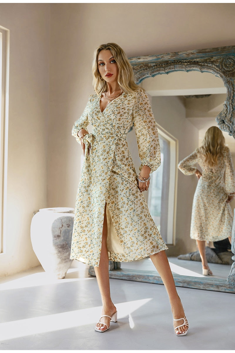 Vestito Elegante con scollo a V a maniche lunghe e stampa floreale