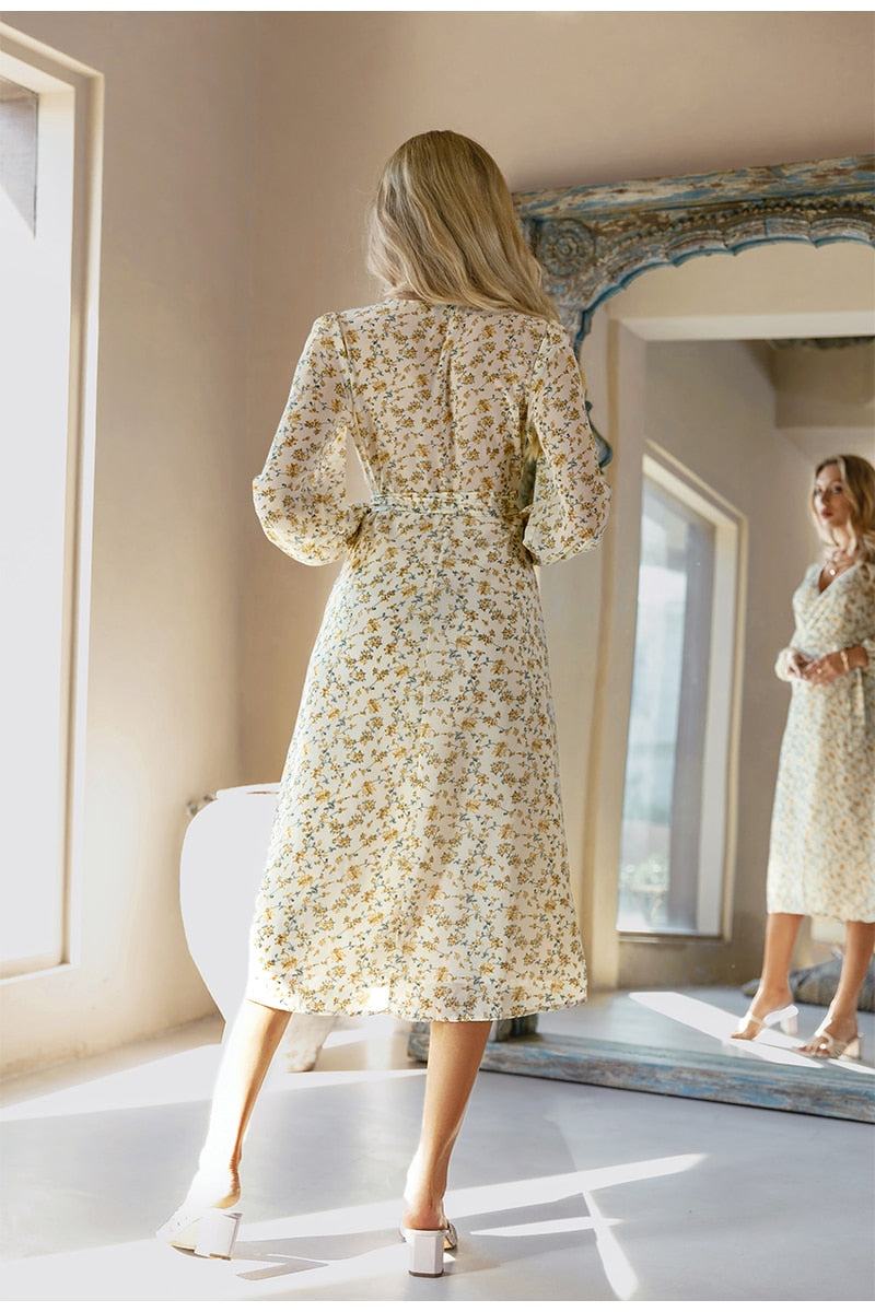 Vestito Elegante con scollo a V a maniche lunghe e stampa floreale