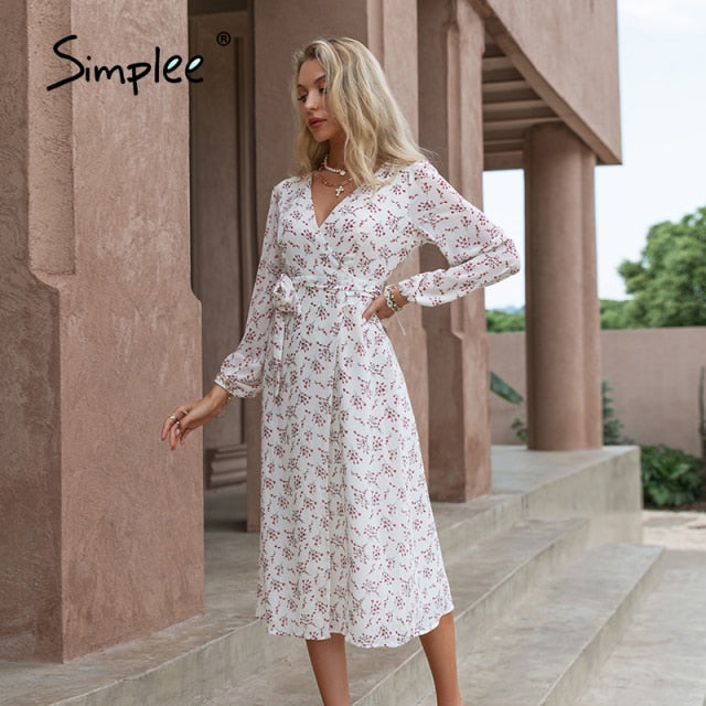 Vestito Elegante con scollo a V a maniche lunghe e stampa floreale
