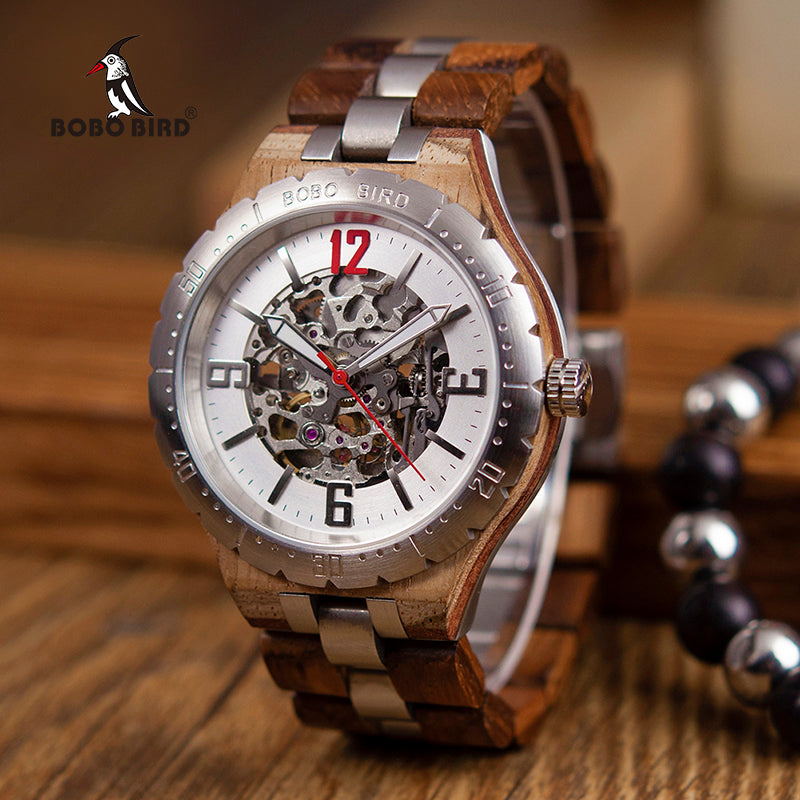 Orologio in legno e acciaio con ingranaggi a vista