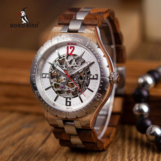 Orologio in legno e acciaio con ingranaggi a vista