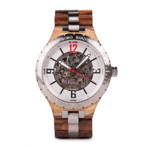 Orologio in legno e acciaio con ingranaggi a vista