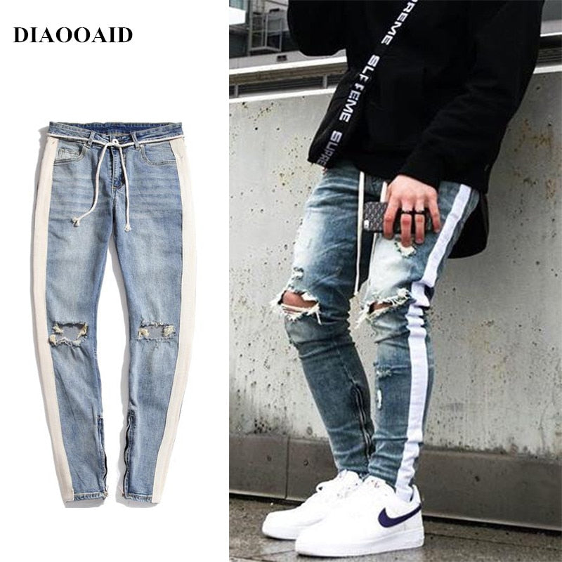 Jeans strappato Slim Fit con banda laterale