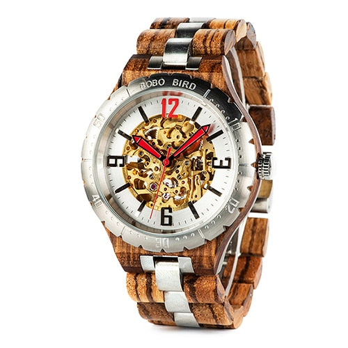 Orologio in legno e acciaio con ingranaggi a vista nel centro