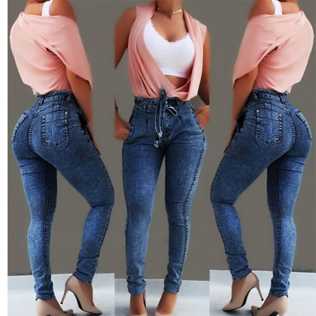 Jeans a vita alta aderenti con cintura in jeans