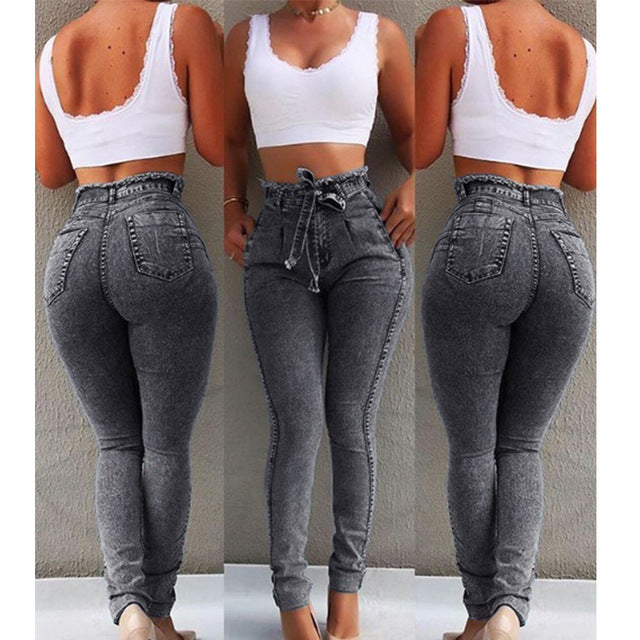 Jeans a vita alta aderenti con cintura in jeans