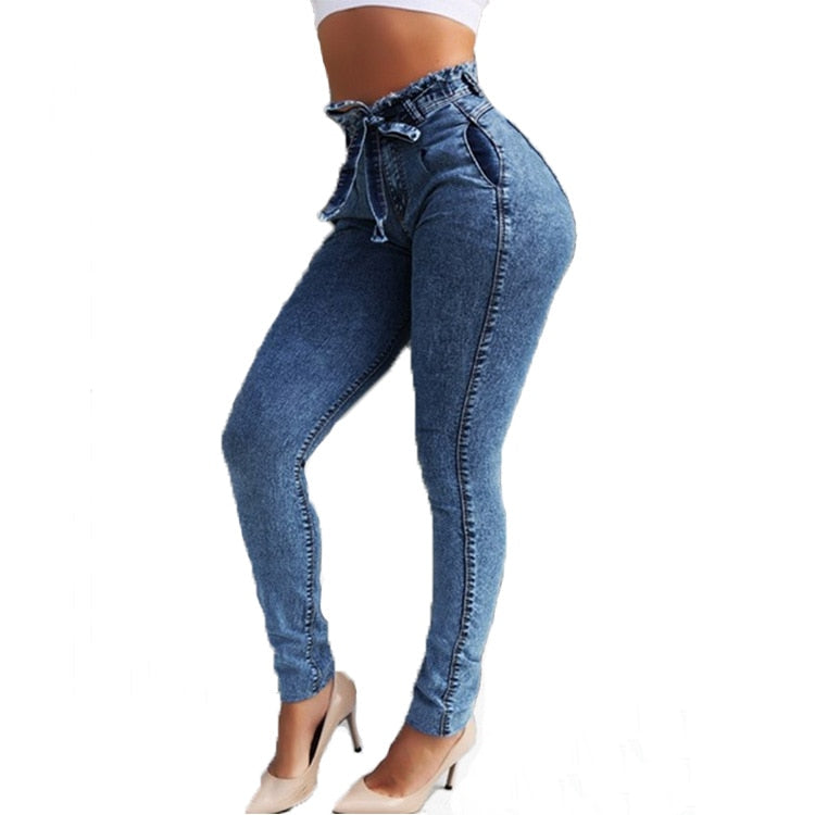 Jeans a vita alta aderenti con cintura in jeans