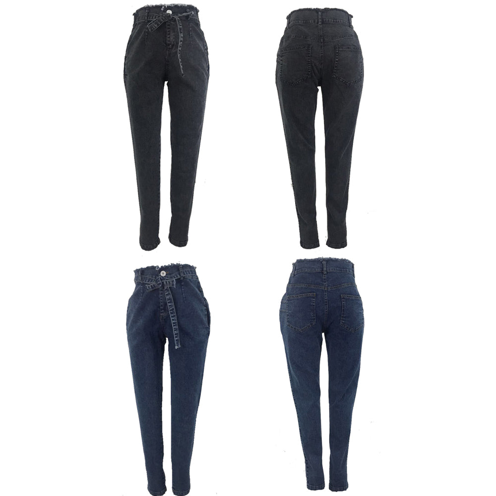 Jeans a vita alta aderenti con cintura in jeans