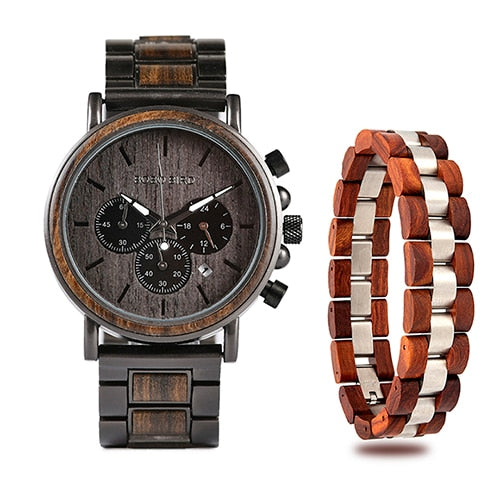 Set Orologio in legno + Bracciale in acciaio e legno