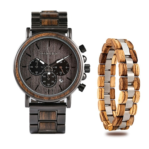 Set Orologio in legno + Bracciale in acciaio e legno