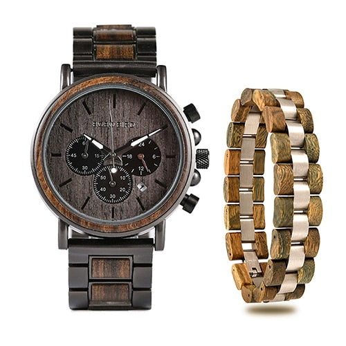 Set Orologio in legno + Bracciale in acciaio e legno