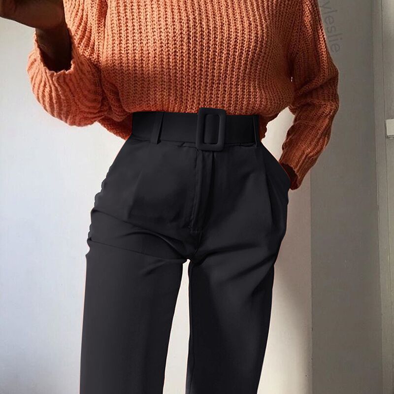 Pantaloni a vita alta con cinturone e gamba dritta