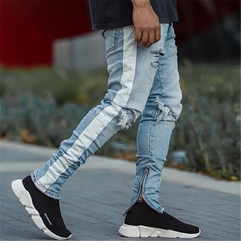 Jeans strappato Slim Fit con banda laterale