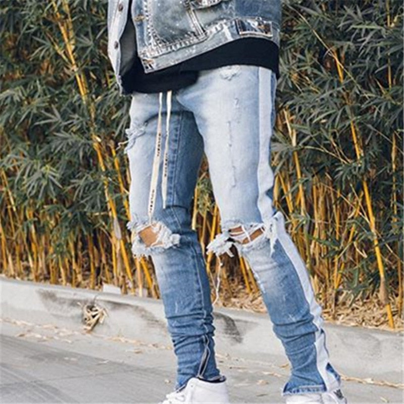 Jeans strappato Slim Fit con banda laterale