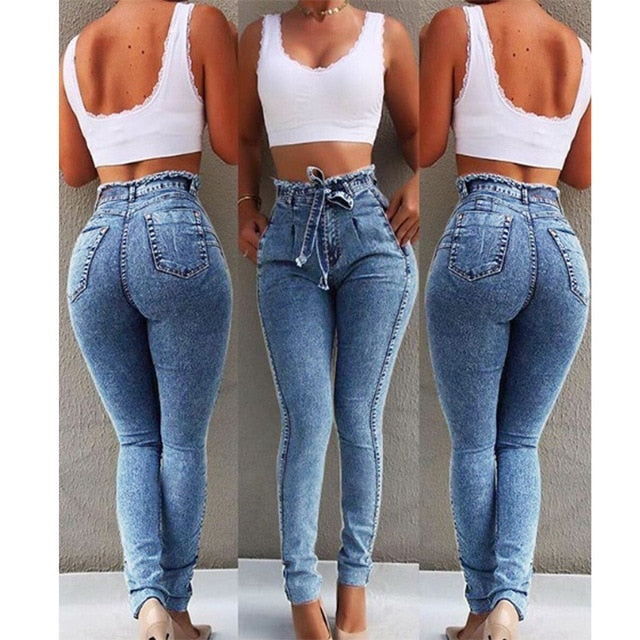 Jeans a vita alta aderenti con cintura in jeans