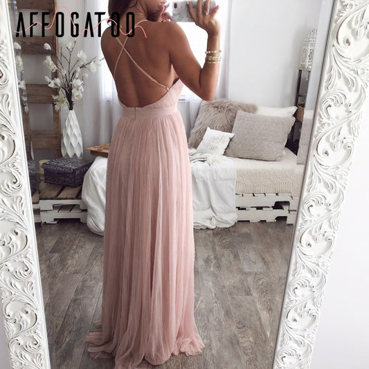 Vestito lungo rosa scollato